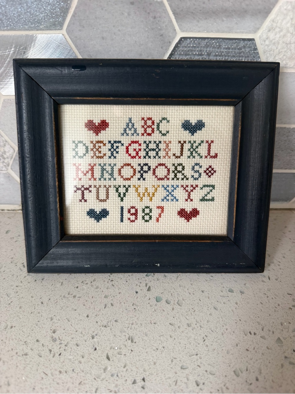 Vintage 1987 Cross-Stitch Alphabet Sampler Framed